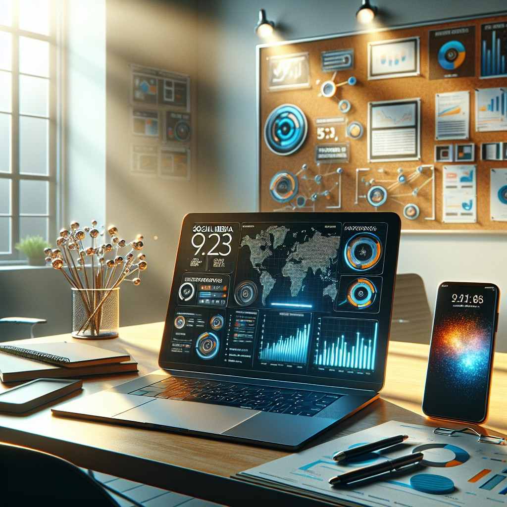 Digital workspace with social media analytics displayed on a laptop and smartphone, representing data-driven marketing strategies.