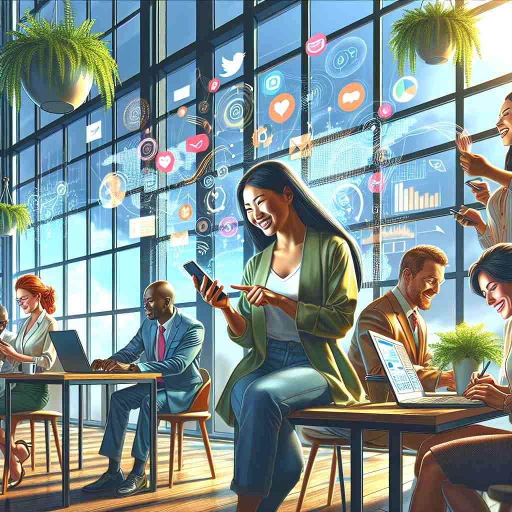 A diverse team engaging in social media management and brand growth in a modern office setting.