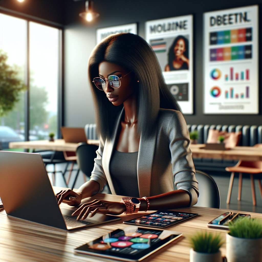 A digital marketer analyzing social media data on a laptop in a modern workspace.