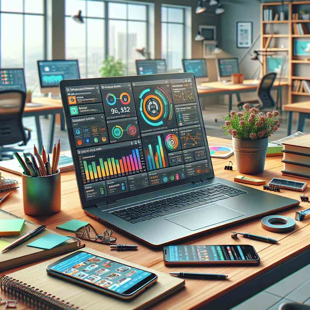A laptop displaying social media analytics on a desk, surrounded by office supplies and mobile devices, representing social media management tools.