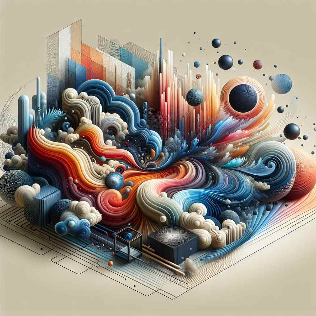 Abstract 3D digital artwork with fluid waves, geometric structures, and vibrant colors, representing the creativity of custom graphic design.