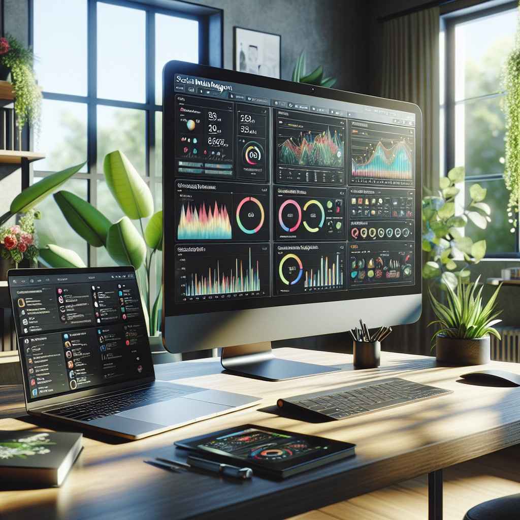 Social media management platform dashboard displaying analytics and performance metrics on multiple screens in a modern workspace.