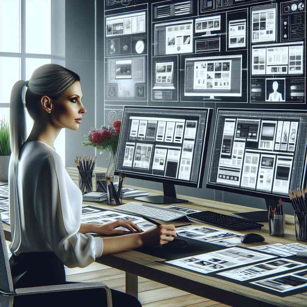 A professional web designer working on a multi-screen setup, crafting a custom website layout with advanced UI/UX elements.