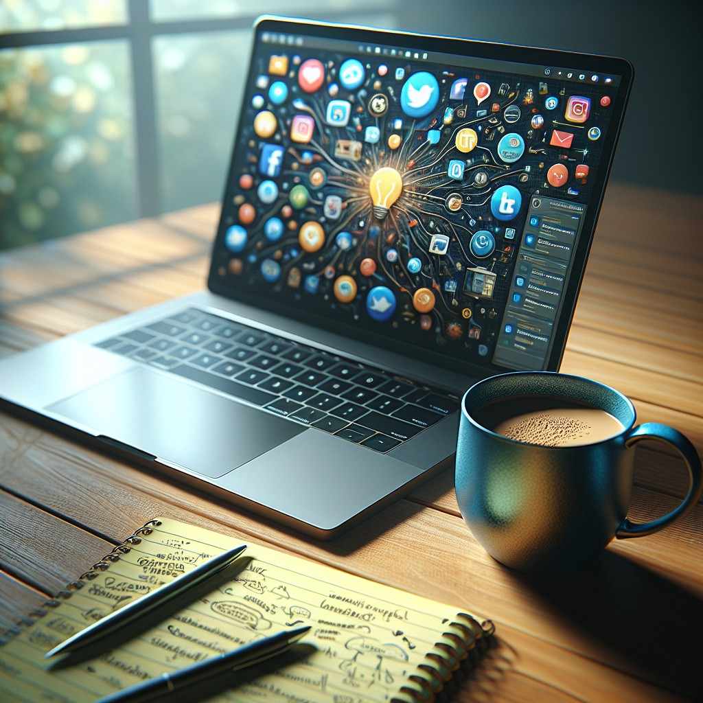 Laptop displaying social media icons and analytics, symbolizing social media management strategies.