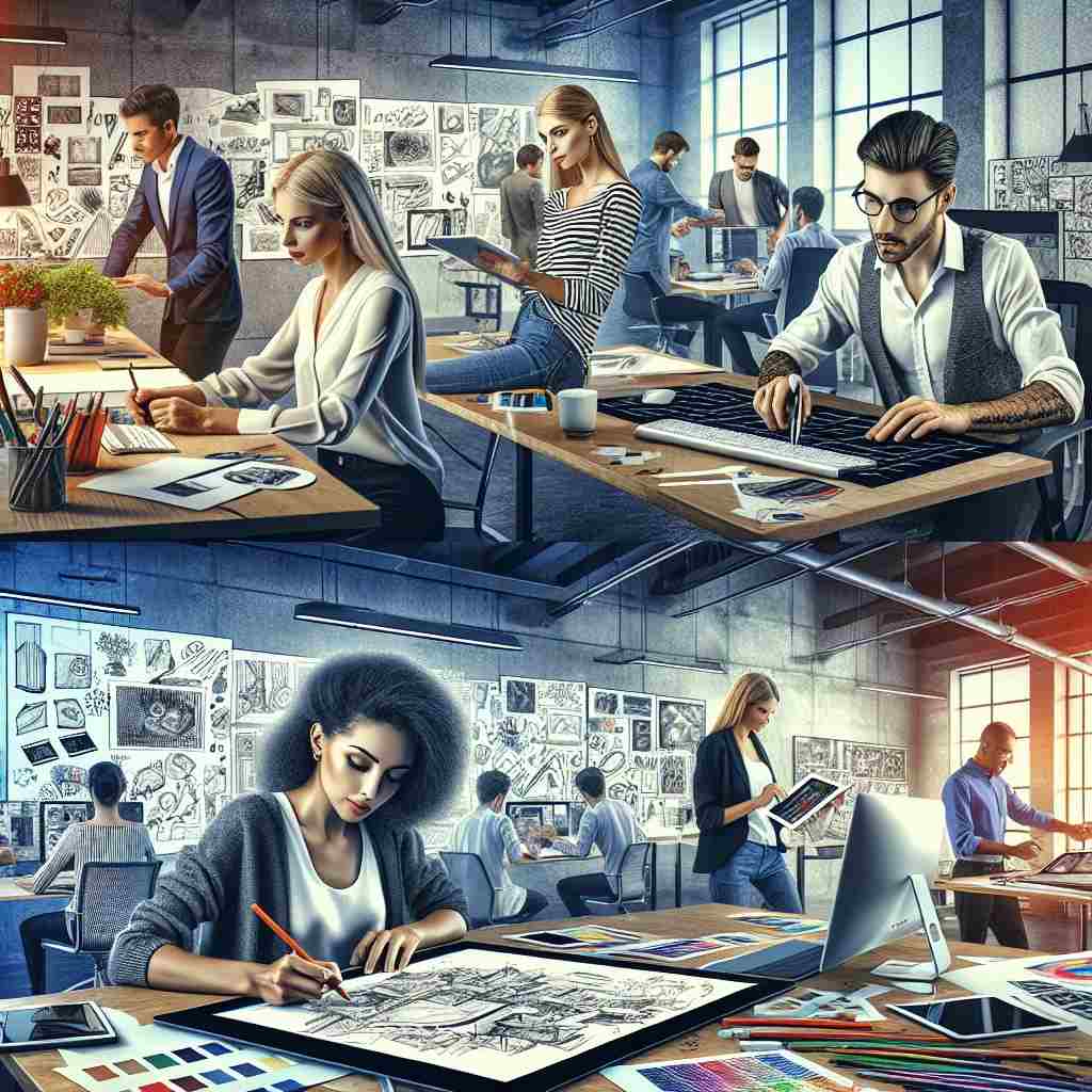Graphic design agency team working on creative projects in a collaborative workspace.